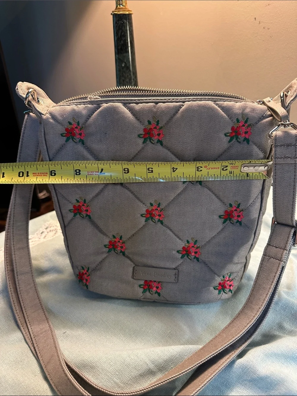 Vera Bradley Quilted Crossbody Bag in Light Gray with Floral Embroidery